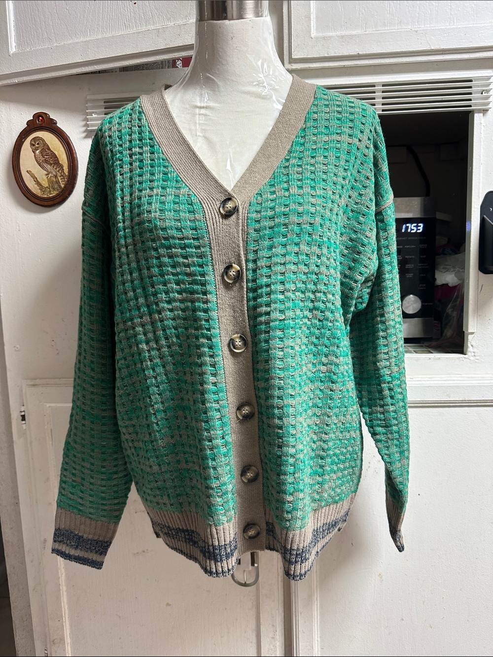 Love Tree Green Knit Button-Front Cardigan with Neutral Trim